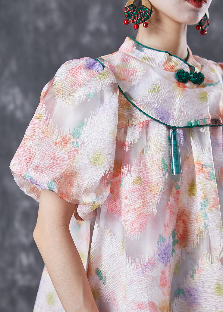 Chinese Style Pink Mandarin Collar Print Silk A Line Dress Puff Sleeve
