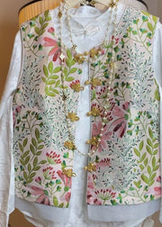 Chinese Style Pink O Neck Embroidered Patchwork Silk Vest Sleeveless