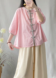 Chinese Style Pink O Neck Lace Up Cotton Shirt Tops Bracelet Sleeve