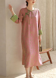 Chinese Style Pink O Neck Tasseled Patchwork Print Silk Dresses Spring