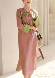 Chinese Style Pink O Neck Tasseled Patchwork Print Silk Dresses Spring