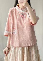 Chinese Style Pink Stand Collar Embroideried Cotton Shirt Half Sleeve