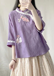 Chinese Style Pink Stand Collar Embroideried Cotton Shirt Half Sleeve