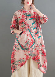 Chinese Style Pink Stand Collar Oriental Button Patchwork Linen Top Summer