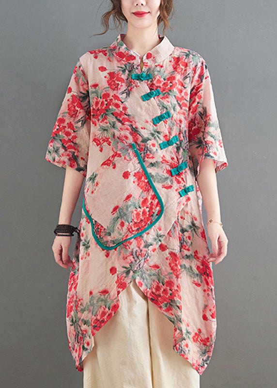 Chinese Style Pink Stand Collar Oriental Button Patchwork Linen Top Summer