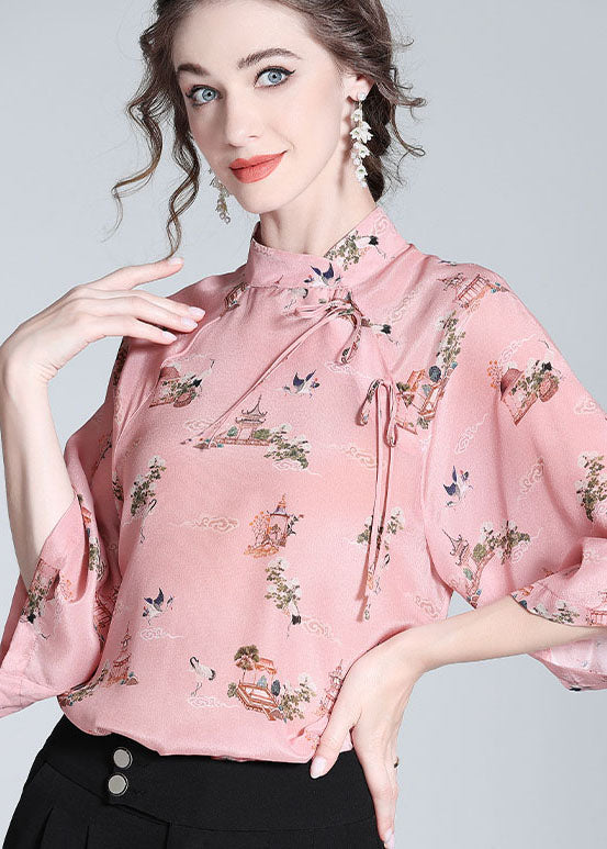 Chinese Style Pink Stand Collar Patchwork Print Silk Blouses Spring