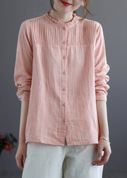 Chinese Style Pink Stand Collar Patchwork Wrinkled Button Cotton Shirts Long Sleeve