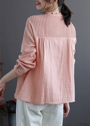Chinese Style Pink Stand Collar Patchwork Wrinkled Button Cotton Shirts Long Sleeve