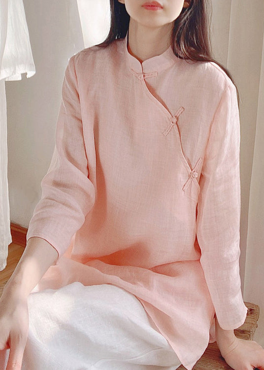Chinese Style Pink Stand Collar Side Open Cotton Top Spring