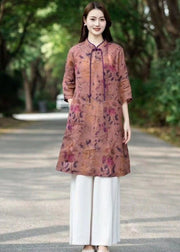Chinese Style Pink Tasseled Print Patchwork Linen Dress Bracelet Sleeve