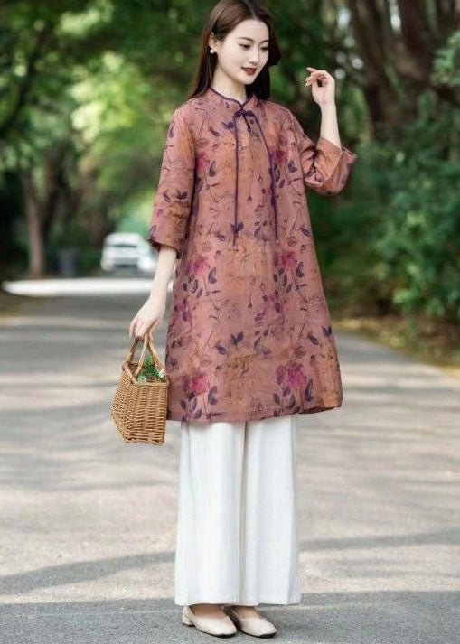 Chinese Style Pink Tasseled Print Patchwork Linen Dress Bracelet Sleeve