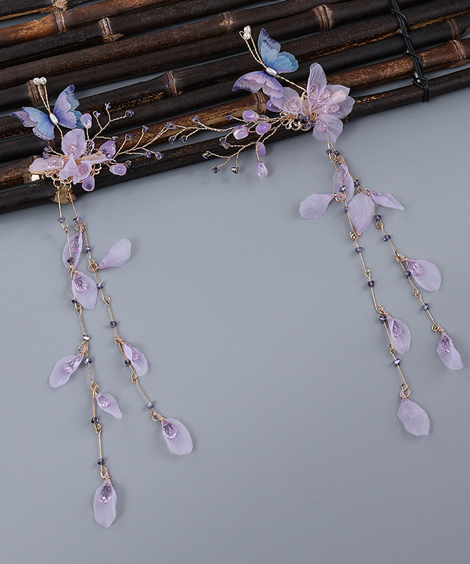Chinese Style Purple Acrylic Cloth Butterfly Floral Tassel Hairpin