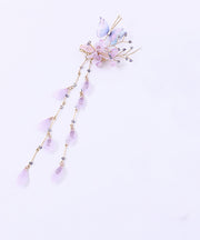 Chinese Style Purple Acrylic Cloth Butterfly Floral Tassel Hairpin