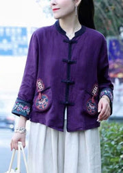 Chinese Style Purple Button Linen Top Long Sleeve