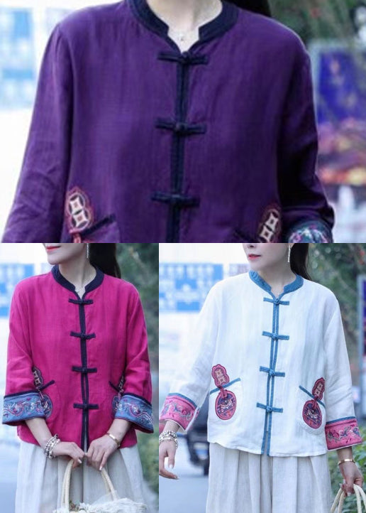 Chinese Style Purple Button Linen Top Long Sleeve