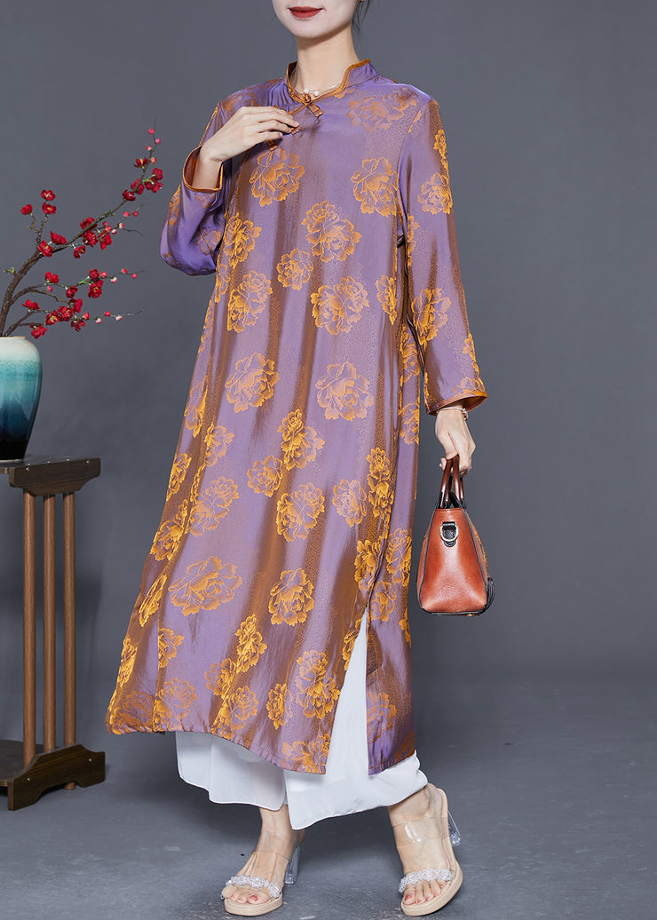 Chinese Style Purple Chinese Button Print Silk Dress Gown Summer