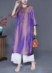 Chinese Style Purple Mandarin Collar Gradient Color Tassel Silk Long Dress Summer