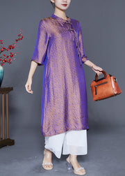 Chinese Style Purple Mandarin Collar Gradient Color Tassel Silk Long Dress Summer