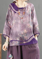 Chinese Style Purple O Neck Button Print Patchwork Linen Top Summer