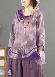 Chinese Style Purple O Neck Button Print Patchwork Linen Top Summer