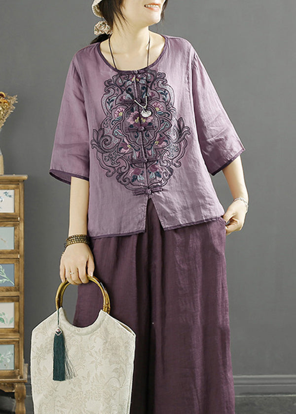 Chinese Style Purple O-Neck Embroidered Linen Shirt Summer