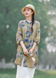 Chinese Style Purple Print Button Patchwork Mid Linen Shirts Summer