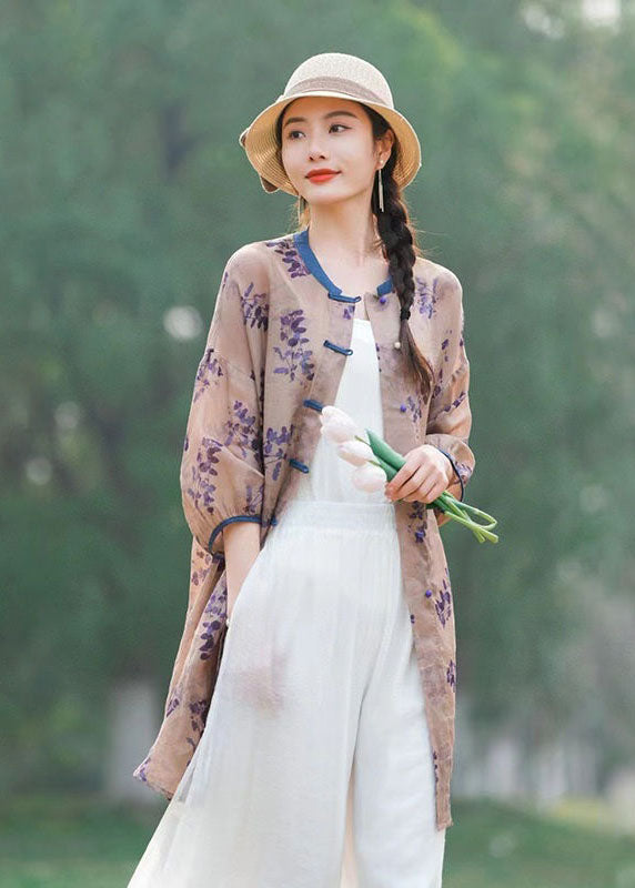Chinese Style Purple Print Button Patchwork Mid Linen Shirts Summer