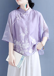 Chinese Style Purple Stand Collar Embroidered Button Silk Linen Shirt Bracelet Sleeve