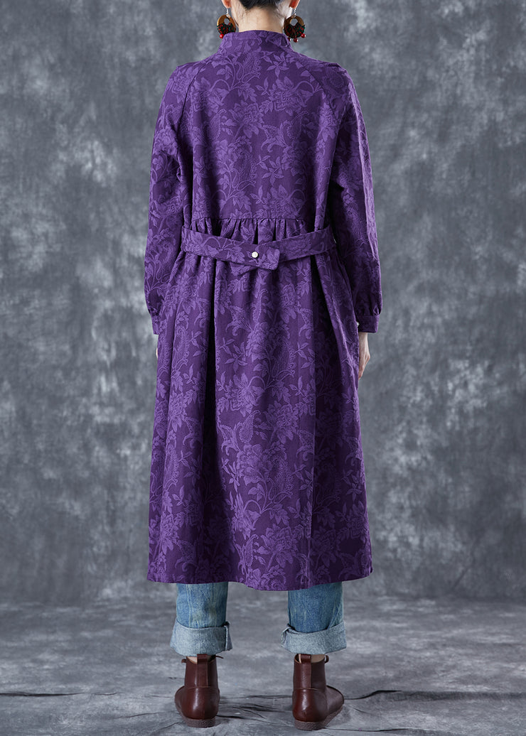 Chinese Style Purple Stand Collar Jacquard Linen Maxi Dresses Spring