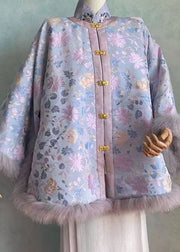 Chinese Style Purple Stand Collar Print Teddy Patchwork Warm Fleece Top Winter