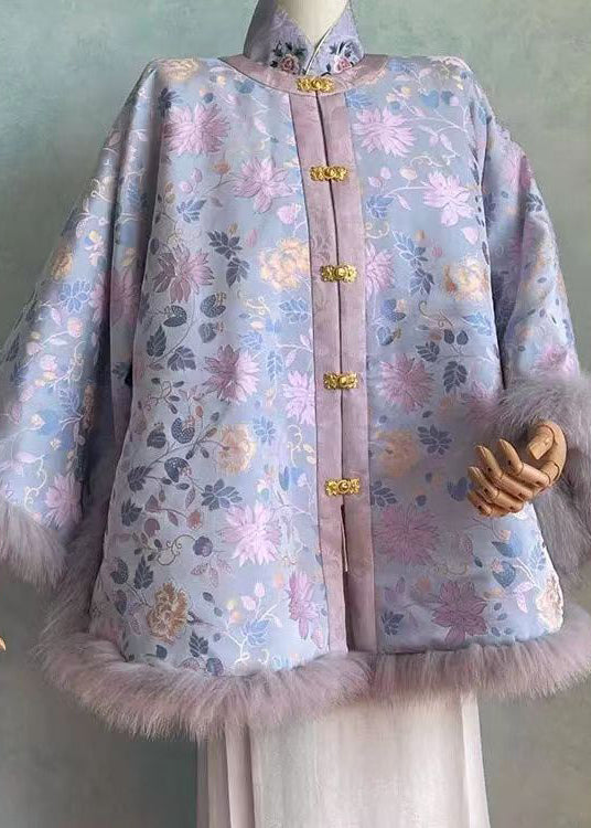 Chinese Style Purple Stand Collar Print Teddy Patchwork Warm Fleece Top Winter