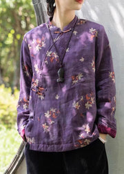 Chinese Style Purple Stand Collar Print Warm Fleece Blouses Winter