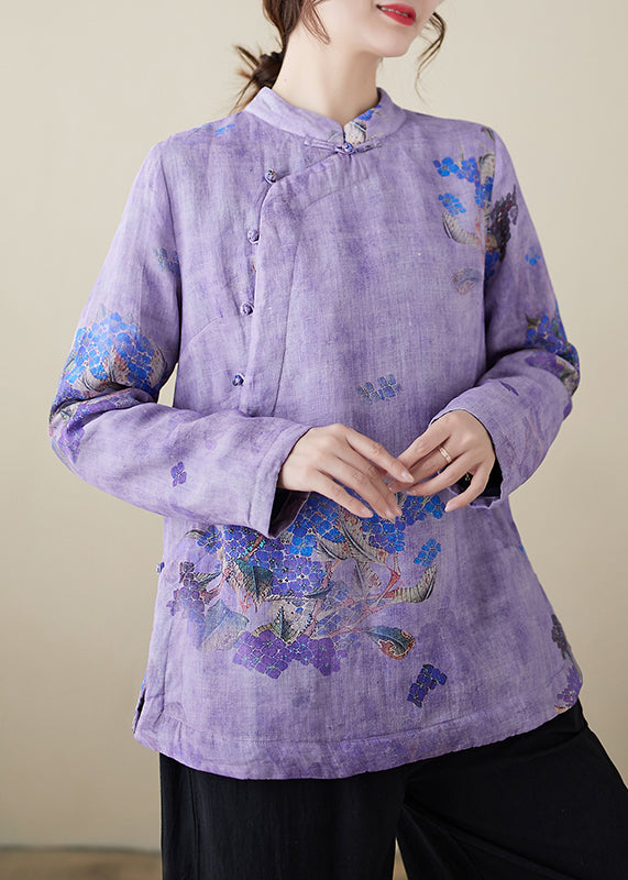 Chinese Style Purple Stand Collar Print Warm Fleece Top Winter