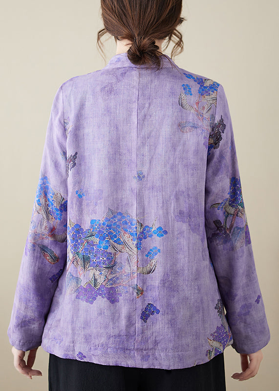 Chinese Style Purple Stand Collar Print Warm Fleece Top Winter