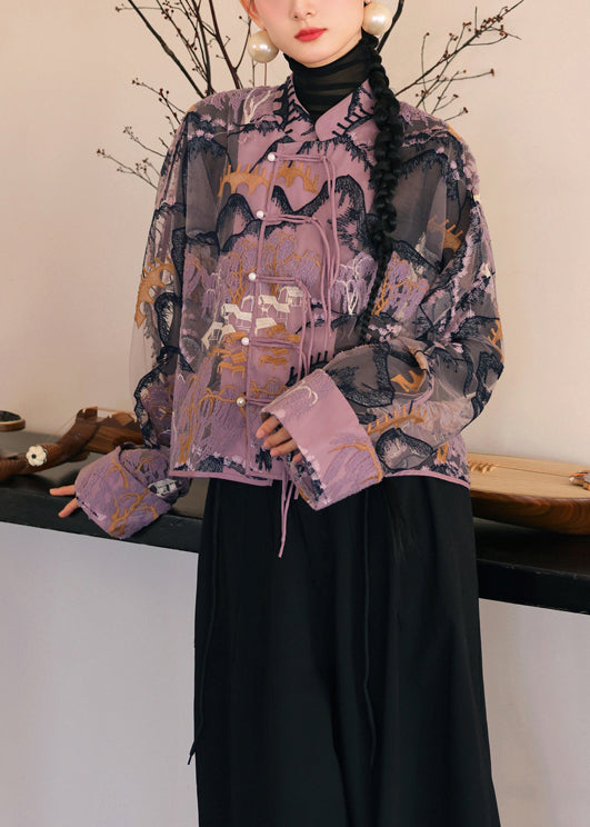 Chinese Style Purple Tasseled Embroidered Patchwork Tulle Coats Fall