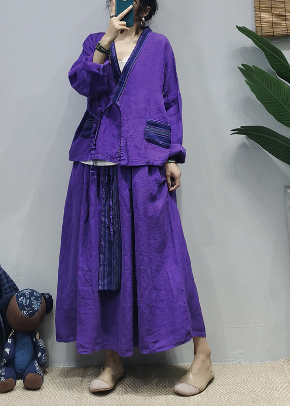 Chinesischer Stil Lila Krawatte Taille Patchwork Leinenhemd Top A-Linie Rock Zweiteiler Anzug Set Langarm