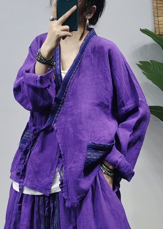 Chinesischer Stil Lila Krawatte Taille Patchwork Leinenhemd Top A-Linie Rock Zweiteiler Anzug Set Langarm