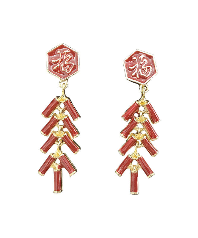 Chinese Style Red Alloy Fu Character Firecrackers Drop Earrings
