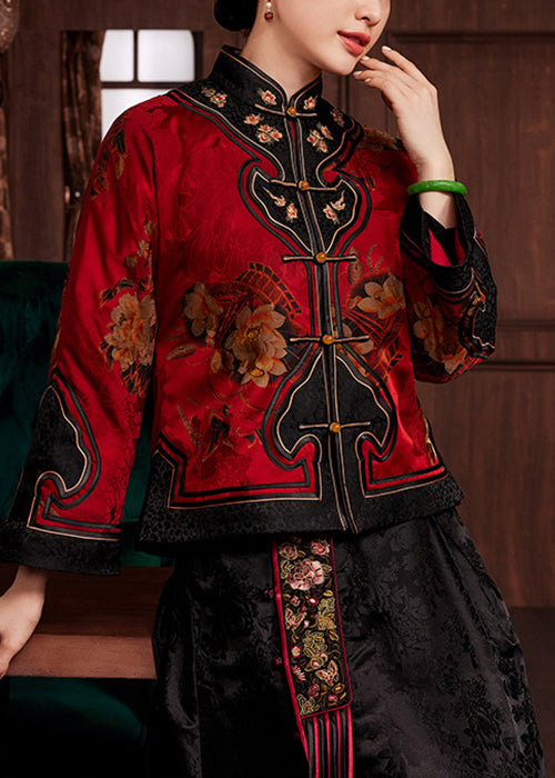 Chinese Style Red Button Print Patchwork Silk Two Pieces Set Fall