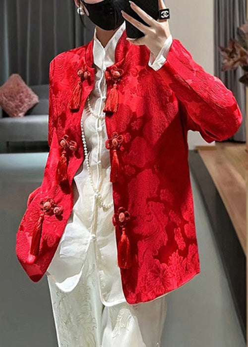 Chinese Style Red Button Tasseled Silk Shirt Spring