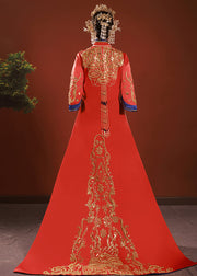 Chinese Style Red Embroidered Nail Bead Patchwork Silk Maxi Dresses Fall