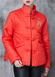 Chinese Style Red Embroideried Oriental Duck Down Puffer Coat Spring