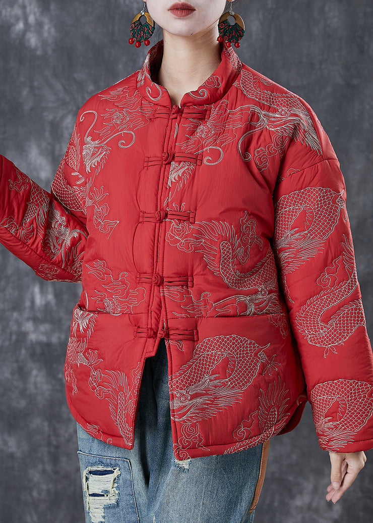 Chinese Style Red Embroideried Patchwork Fine Cotton Filled Coats Winter
