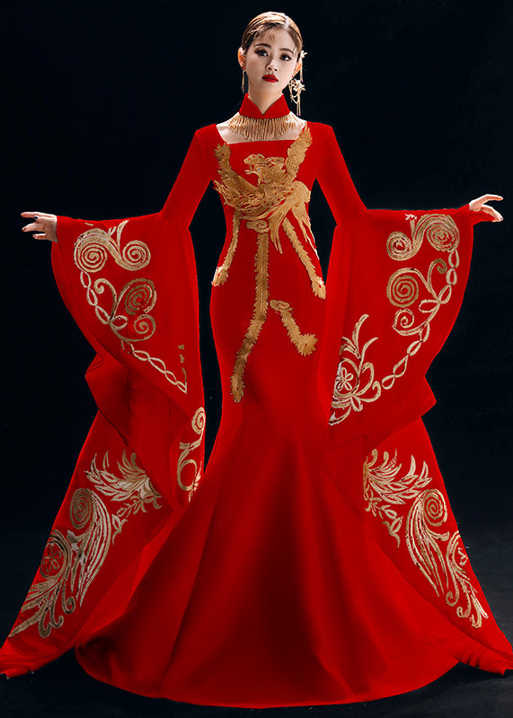 Chinese Style Red Embroidered Patchwork Silk Dresses Long Sleeve