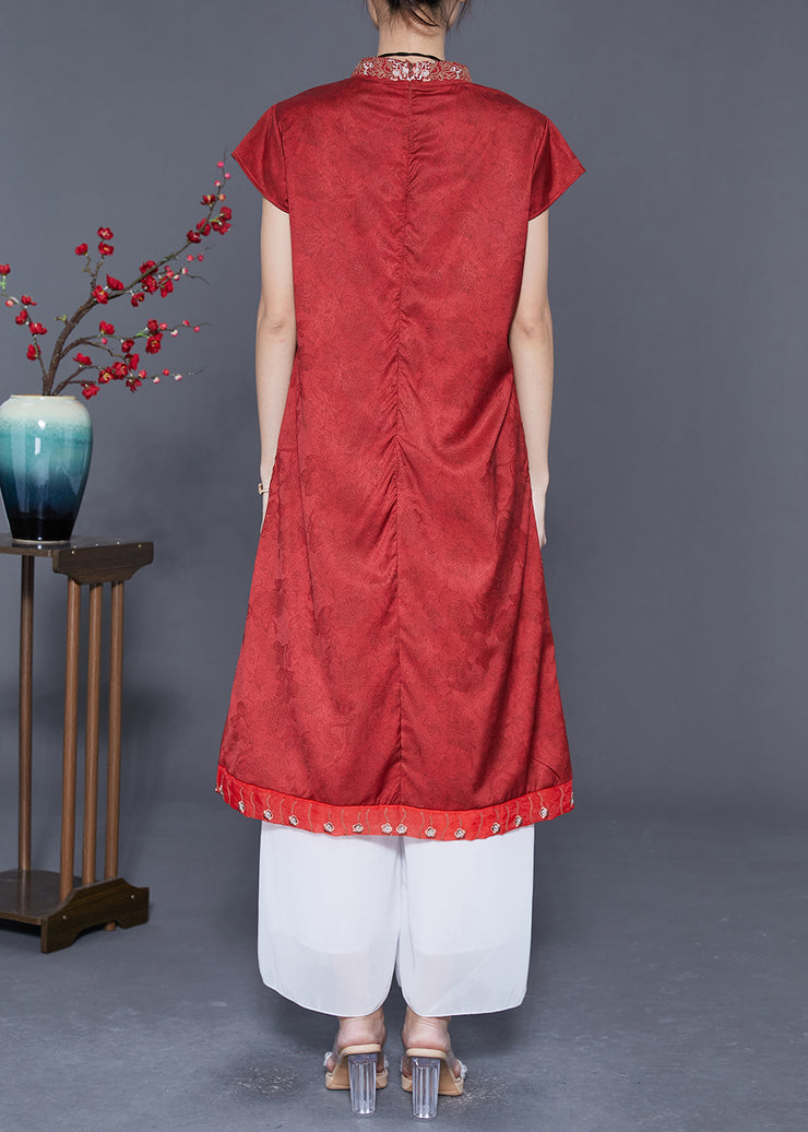 Chinese Style Red Embroidered Patchwork Silk Long Dress Summer