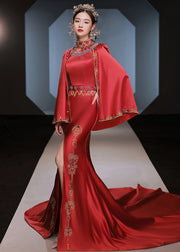 Chinese Style Red Embroidered Side Open Patchwork Silk Two-Piece Set Fall