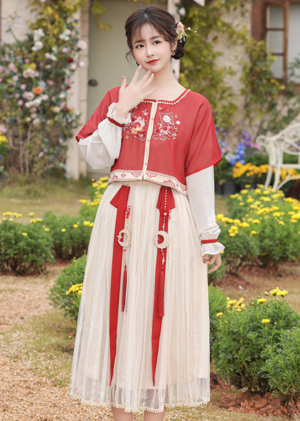 Chinese Style Red Embroidered Tops And Pleated Skirt Chiffon Two Pieces Set Long Sleeve
