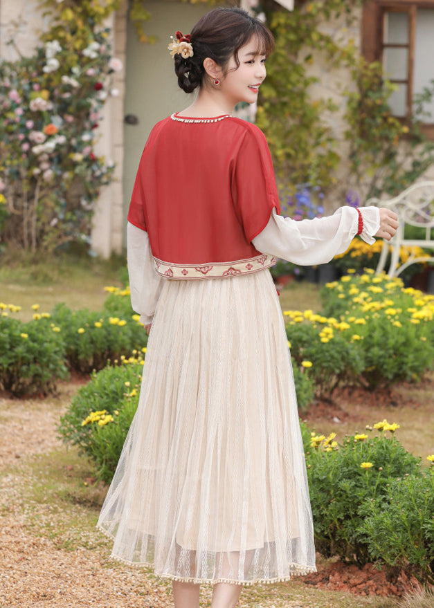 Chinese Style Red Embroidered Tops And Pleated Skirt Chiffon Two Pieces Set Long Sleeve