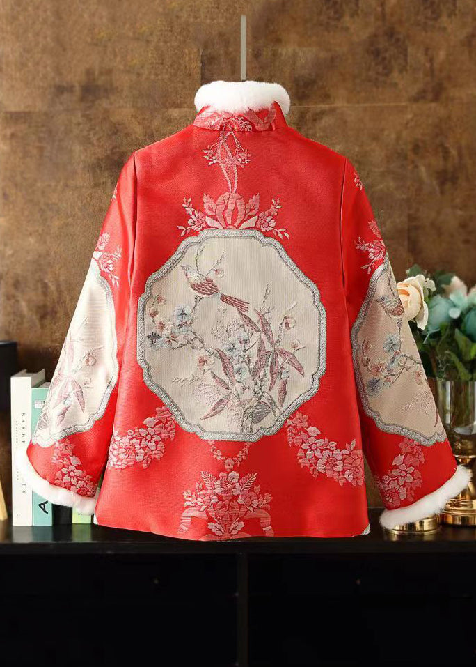 Chinese Style Red Fur Collar Embroidered Patchwork Parka Winter