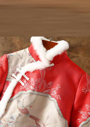 Chinese Style Red Fur Collar Embroidered Patchwork Parka Winter